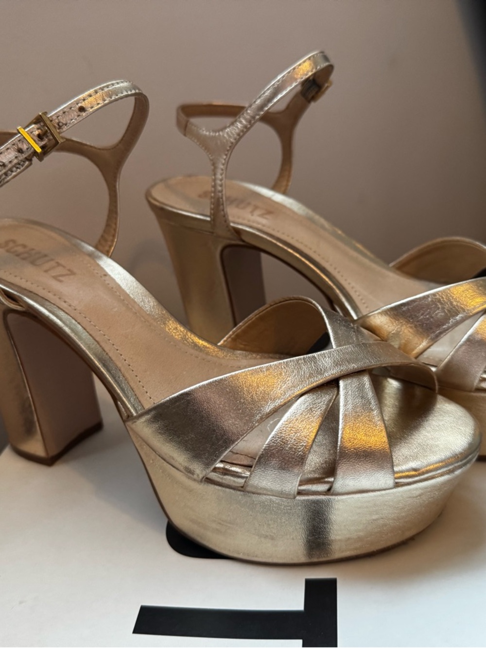 SCHUTZ Gold Metallic Platform Heels